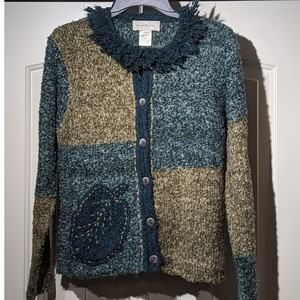Vintage Susan Bristol Colorblock Fringy Neck Boucle Knit Button Cardigan Sz M